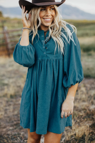 Cassidy Corduroy Lantern Sleeve Dress - Restock Preorder - Please select the colors and sizes you would like ordered and select $5 shipping or free pickup upon checkout